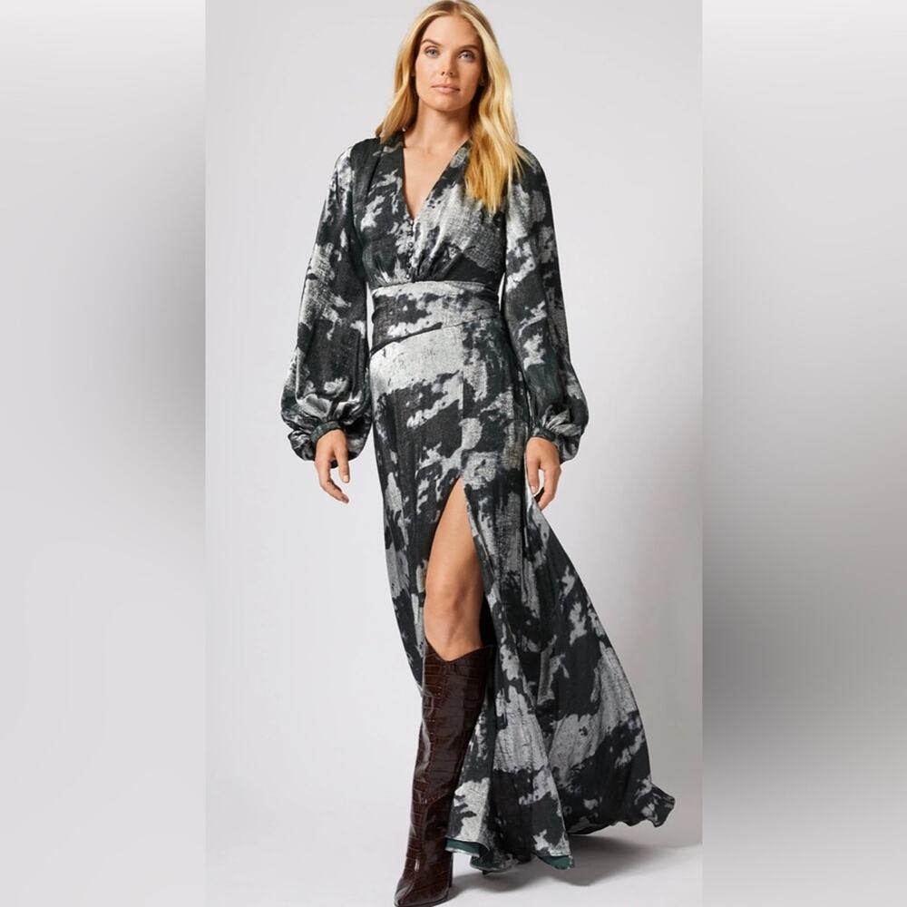 Adrienne Landau Black and Gray Wrap Dress with Bishop Sleeves